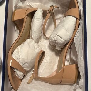 Stuart Weitzman Patent Nude/Tan Block Heel Sandals